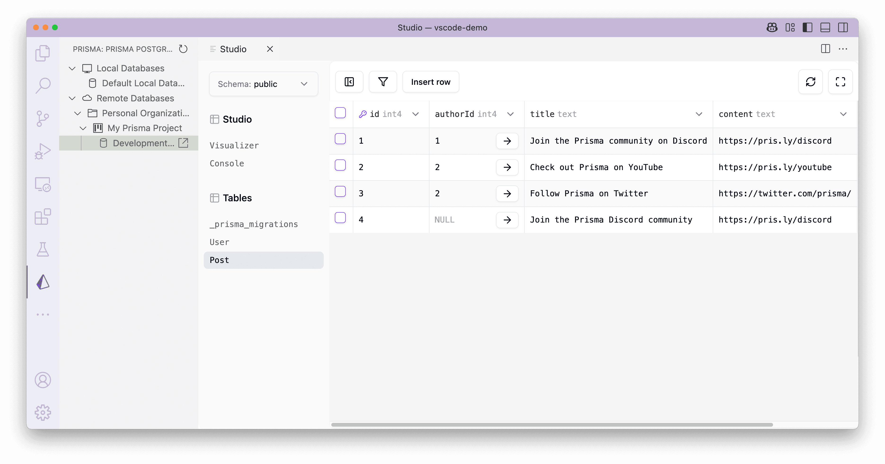 VS Code interface displaying Prisma Studio with options to browse and edit local and remote Prisma Postgres databases, including a table view of Post data.