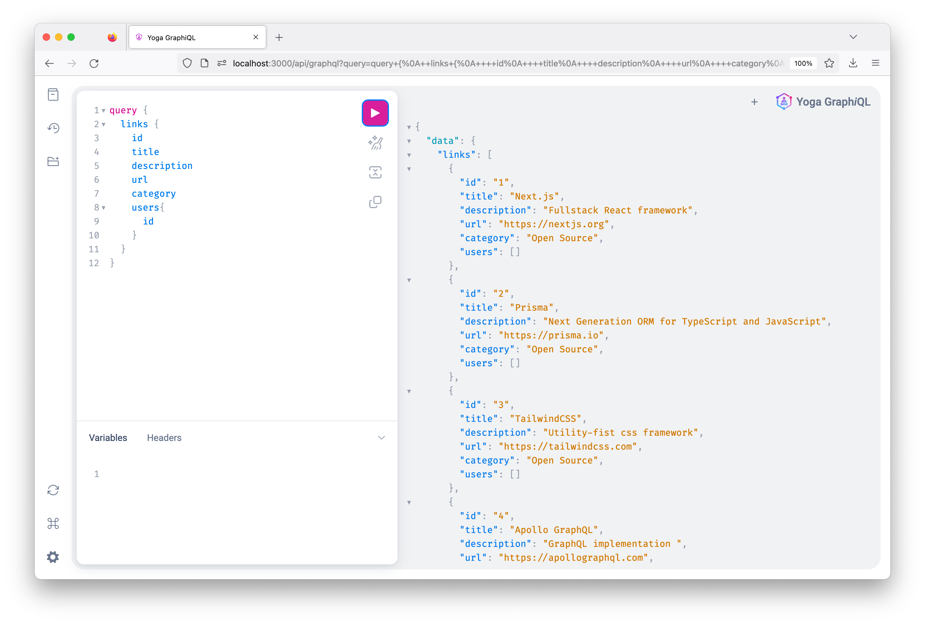 link query response on GraphiQL