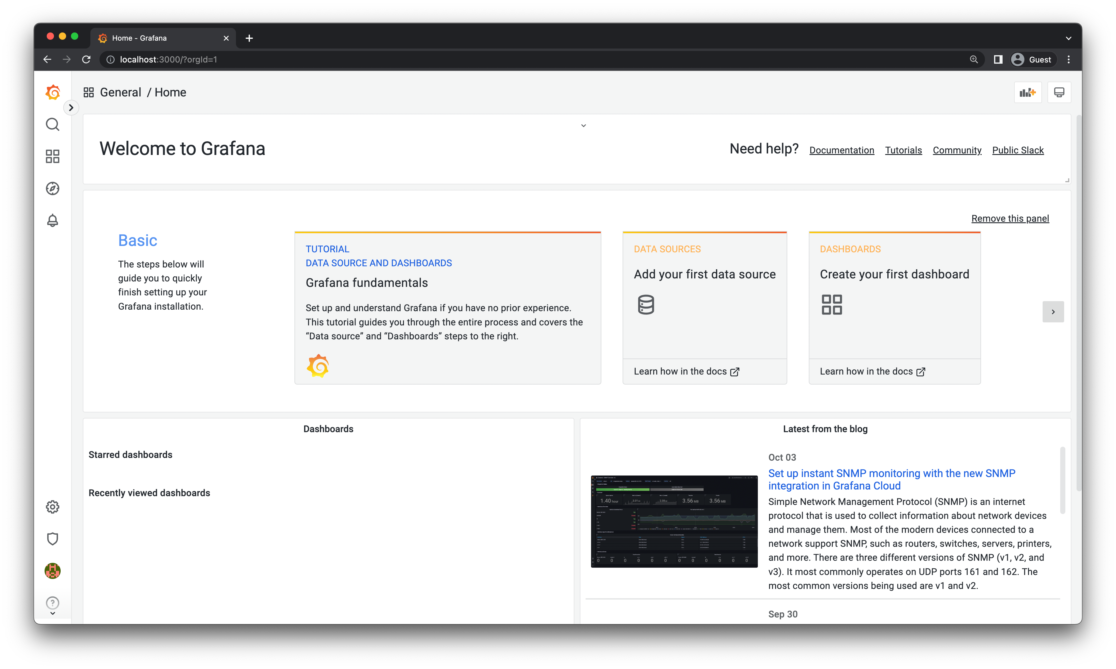 Grafana landing page