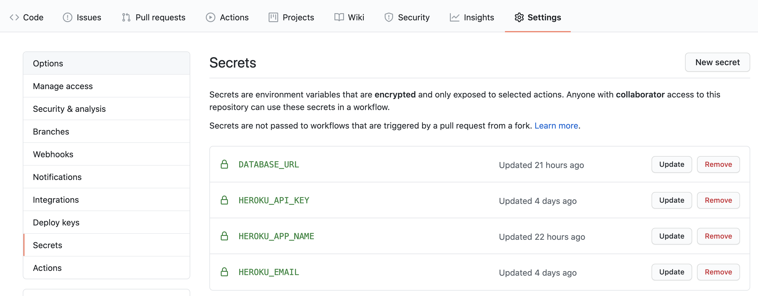 GitHub repository secrets