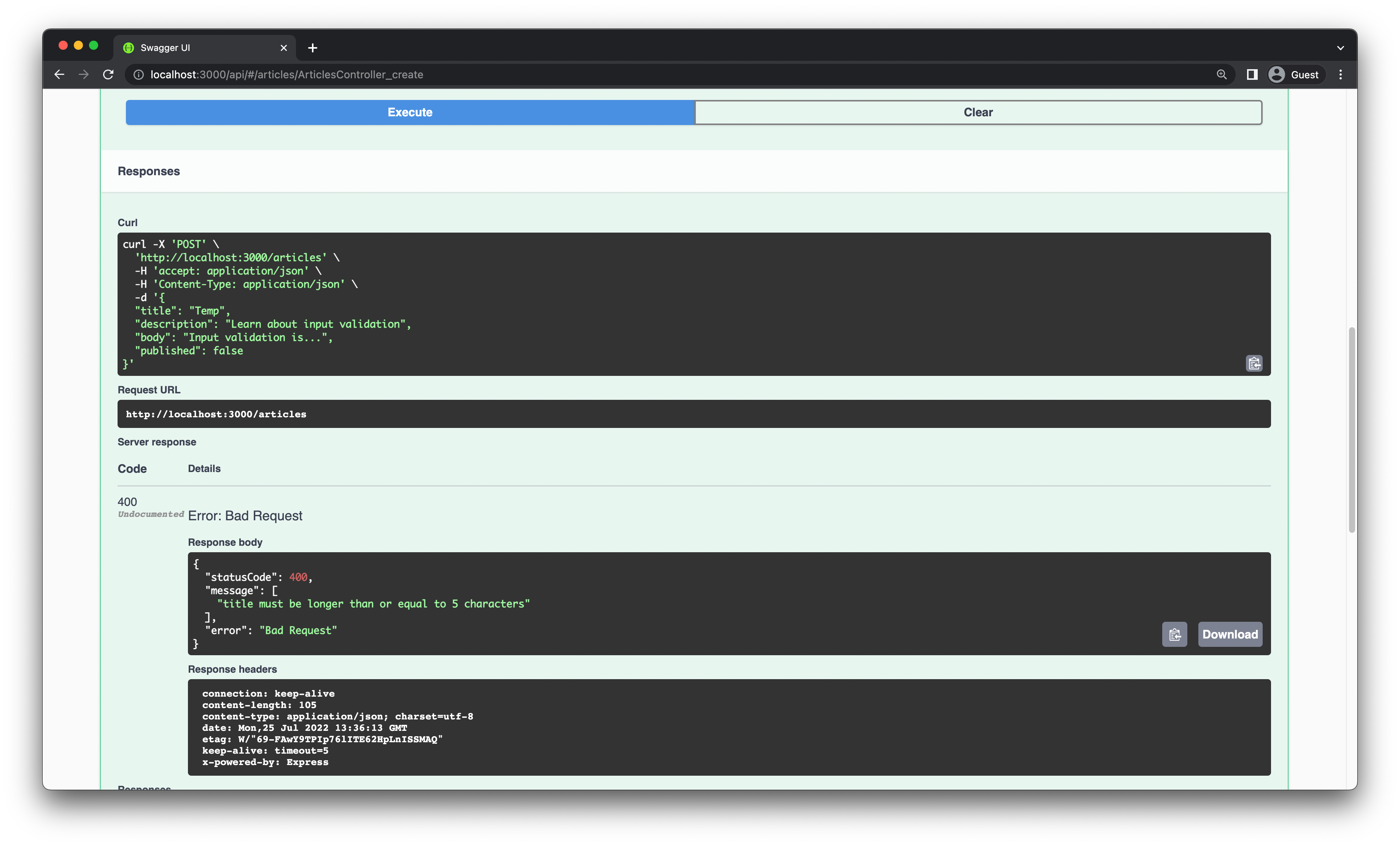 HTTP 400 response with descriptive error message