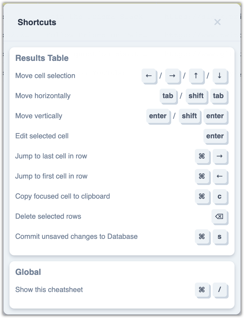 Prisma Studio - Keyboard shortcuts